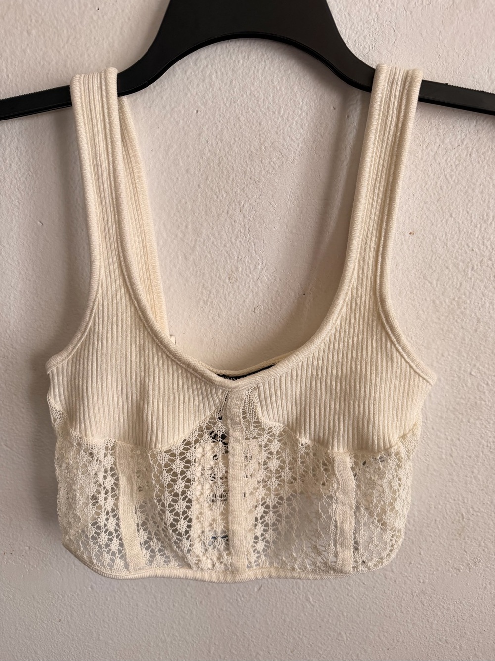 Zara Cream Ribbed Crop Cami with Lace Panel